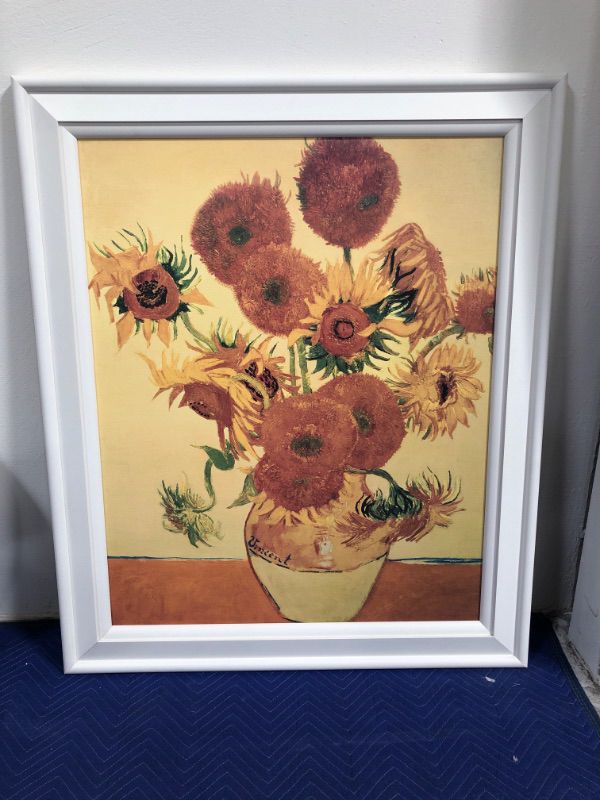 Photo 2 of Vincent Van Gogh Sunflowers Print Style Artwork Approx H 45 x W 38 Inches Framed in White