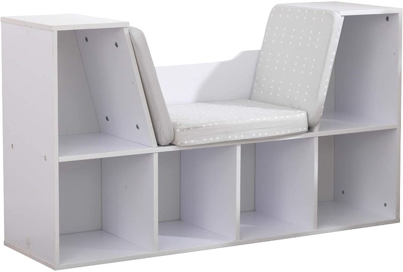 Photo 1 of KidKraft Wooden Bookcase with Reading Nook, Storage and Gray Cushion, White, Gift for Ages 3-8
