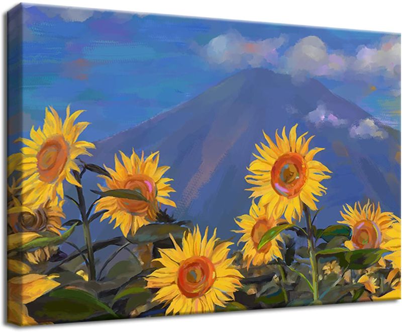 Photo 1 of Flower Wall Art Sunflower Floral Wall Art Decor for Living Room Landscape Wall Art for Bedroom and Office Mountain Clouds Canvas Prints Ready to Hang 12 Inches by 16 inches

