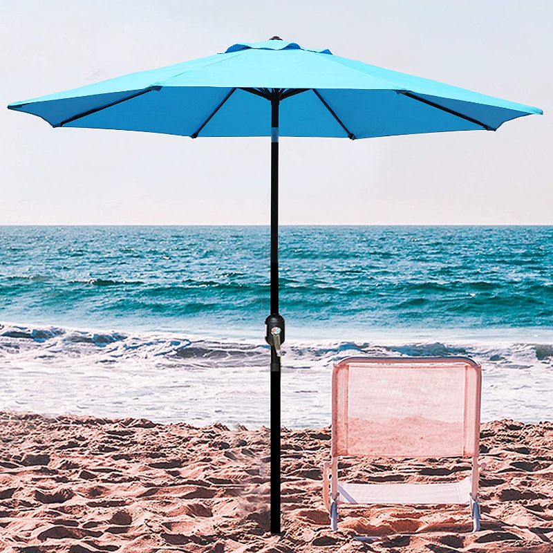 Photo 1 of Blissun 9' Outdoor Aluminum Patio Umbrella, Market Striped Umbrella with Push Button Tilt and Crank (Light Blue)
