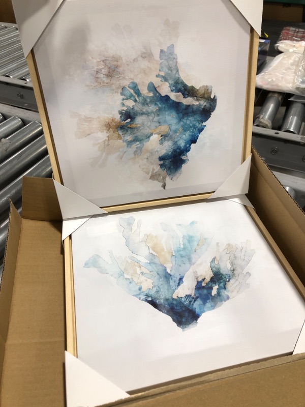Photo 2 of Artisan Home Blue Coral Reef Set | 2 Natural Wood Framed Canvases | Neutral Home Decor | Ready to Hang Wall Art | 12.875" L x 12.875" H x 1.375" D
