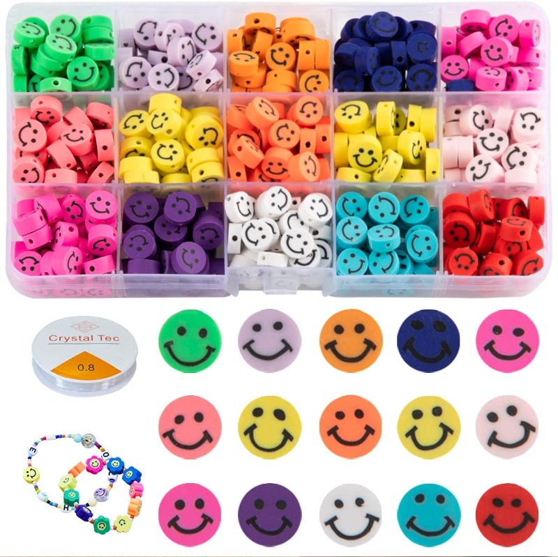 Photo 1 of 2 PACKS!! OLCHEE 375pcs Boxed Smiley Face Beads Flat Polymer Clay Beads for Jewelry Making DIY Happy Face Loose Spacer Beads for Bracelets Necklace Earring Craft Accessories (13 Colors, 10×5mm)
