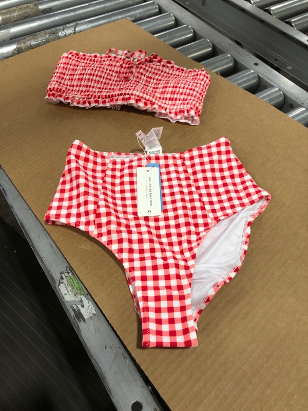 Photo 2 of CUPSHE Red Gingham Smocked Bikini, XS