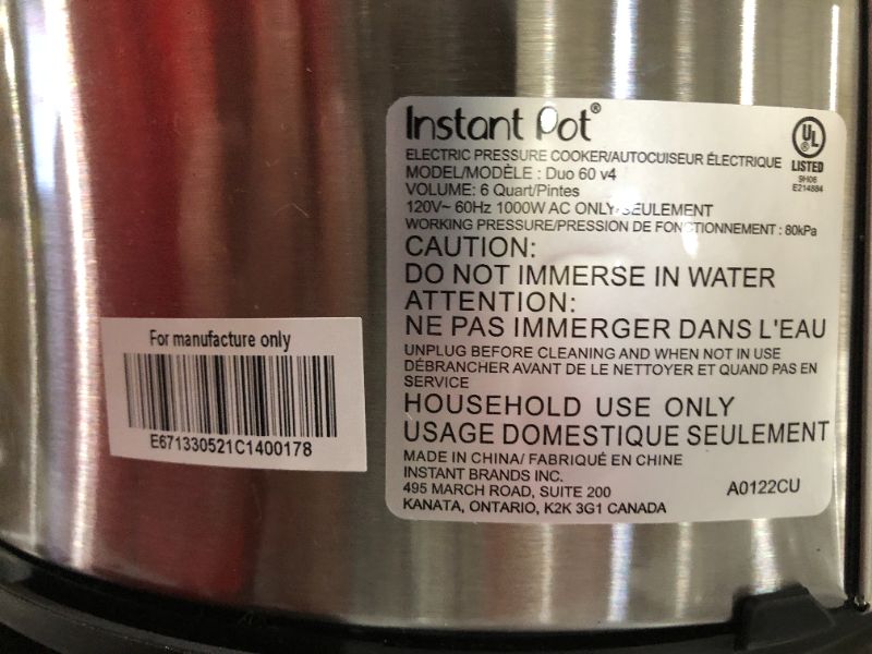 Photo 5 of Instant Pot IP-DUO60 7-in-1 Multi-Functional Pressure Cooker, 6Qt/1000W PARTS ONLY