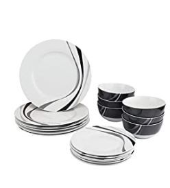 Photo 1 of Amazon Basics 18-Piece Kitchen Dinnerware Set, Plates, Dishes, Bowls, Service for 6, Swirl