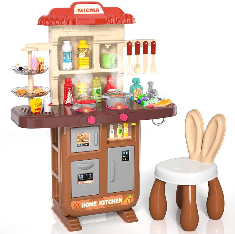 Photo 1 of Lucky Doug Play Kitchen Playset for Toddlers Girls, Toy Kitchen Sets with Chair for Kids Toddlers Ages 3 4 5 6 7 8, Kitchen Accessories Set with Spray Light Sound, Pretend Play Food Toys with Pan Pot
