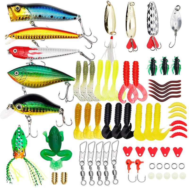 Photo 1 of 2-PACK! YOESE 65 PCS A Fishing Lure Kit Set Including Frog Lures Soft Fishing Lure Hard Metal Lure VIB Rattle Crank Popper for Trout Bass Salmon Walleye Saltwater Freshwater (with Free Tackle Box)
