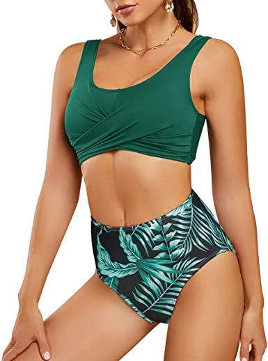 Photo 1 of Foshow Womens Strappy Bandage Bikini Set Floral High Waisted Ruched Swimsuits 2 Piece Twist Front Bottoms Swimsuit, XL