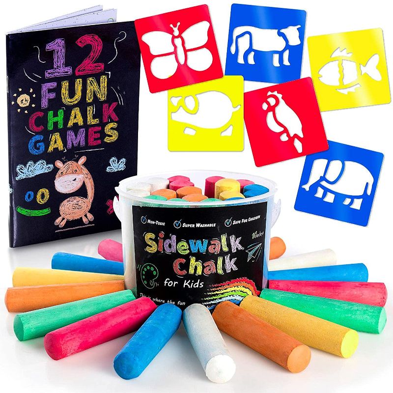 Photo 1 of Veledryn Jumbo Sidewalk Chalk Bucket for Kids, Non Toxic Washable Chalk Sets, 20 piece with 6 Large Stencils and Outside Creative Play Games Book
