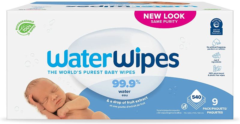 Photo 1 of WaterWipes Biodegradable Original Baby Wipes,?99.9% Water Based Wipes, Unscented & Hypoallergenic for Sensitive Skin, 540 Count (9 packs), Packaging May Vary
