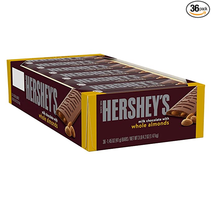 Photo 1 of ***BEST BY:01/2022*** HERSHEY'S Milk Chocolate with Almonds Candy, Bulk, 1.45 oz Bars (36 ct)
