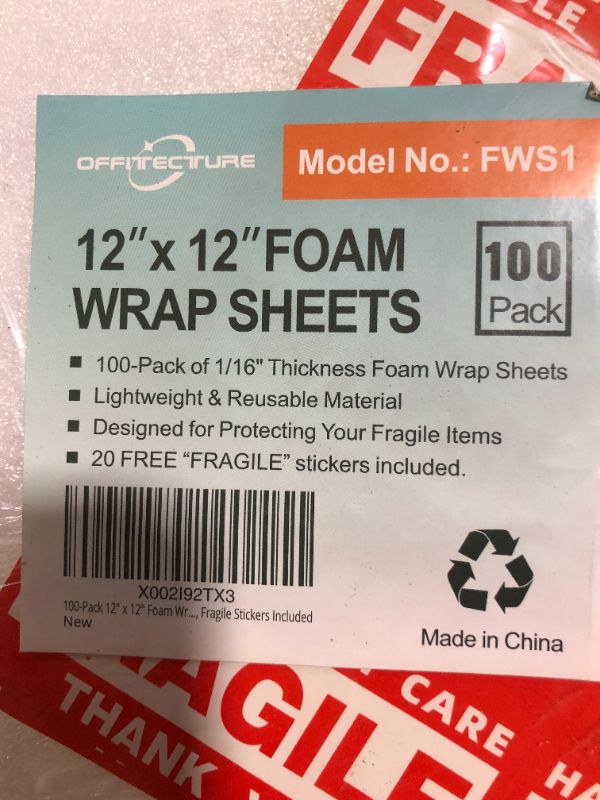 Photo 3 of 100-Pack 12" x 12" Foam Wrap Sheets Cushioning Foam, Moving and Packing Supplies, Fragile Stickers Included