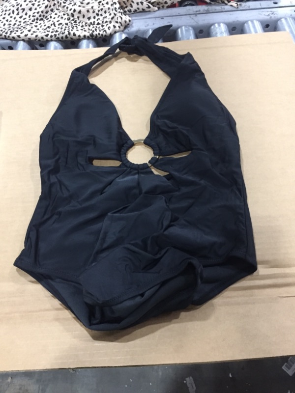 Photo 1 of Omniscient Solid Cutout Halter Plunge One Piece Swimsuit Large 
