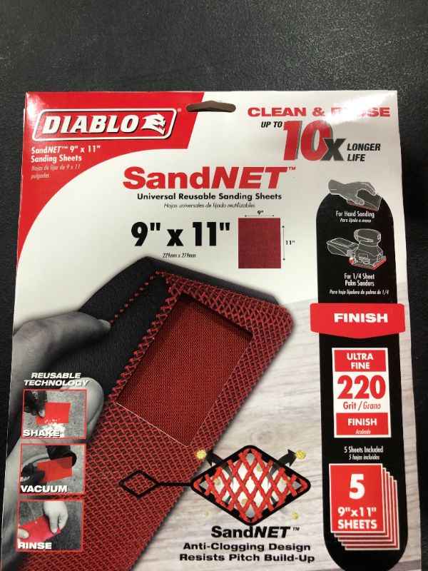 Photo 1 of 9 in. x 11 in. SandNET Faster Reusable Hand Sanding Sheets 220 Grit (5-Pack)