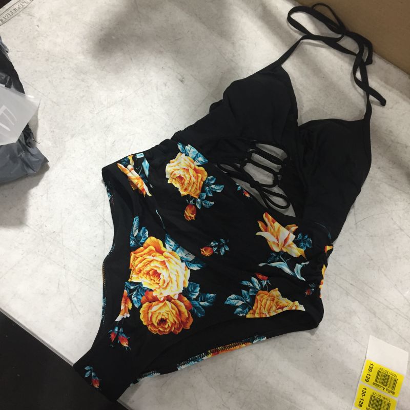 Photo 2 of Black Floral Print Halter One Piece Swimsuit large
