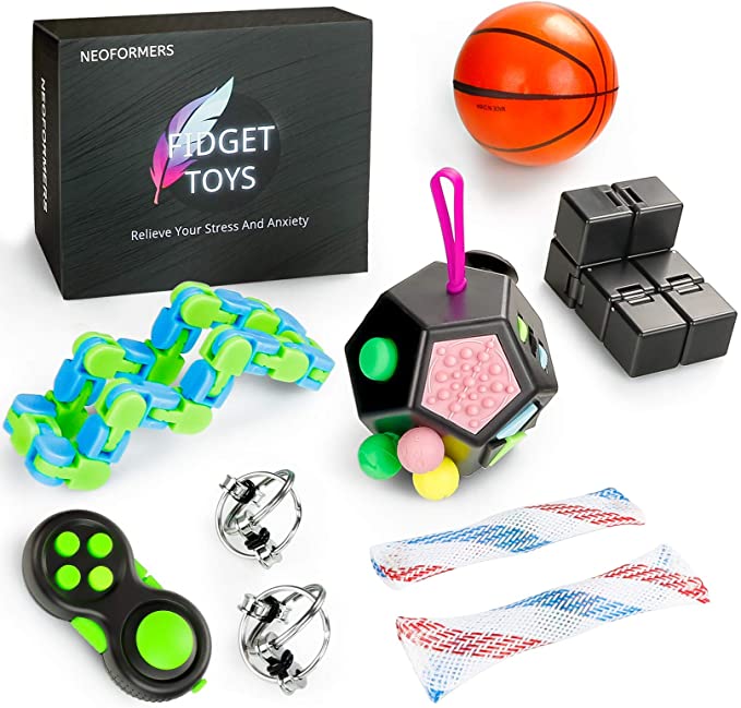 Photo 1 of Neoformers Sensory Fidget Toys Set for Kids and Adults, 9 Pcs Anti-Anxiety Stress Relief Fidget Bundle for Kids and Adults with Fidget Dodecagon,Squeeze Basketball,Flippy Chains, Infinity Cube & More
