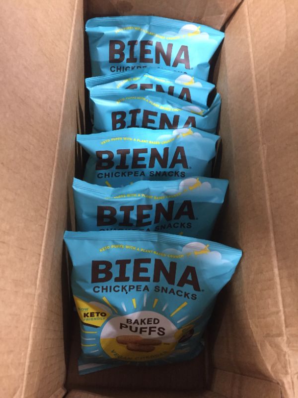 Photo 1 of BIENA Chickpea Baked Snack Puffs, Vegan Cheddar, Low Carb, Keto, Gluten Free, Dairy Free, Plant-Based Protein (6 Pack)
