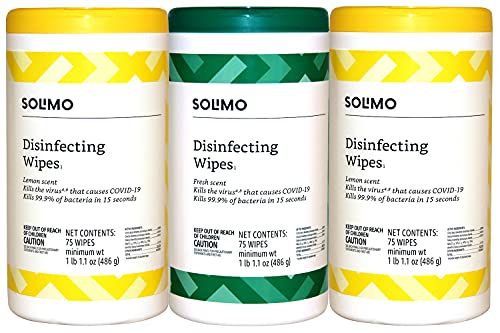 Photo 1 of Amazon Brand - Solimo Disinfecting Wipes, Lemon Scent & Fresh Scent, Sanitizes/Cleans/Disinfects/Deodorizes, 75 Count (Pack of 3)
