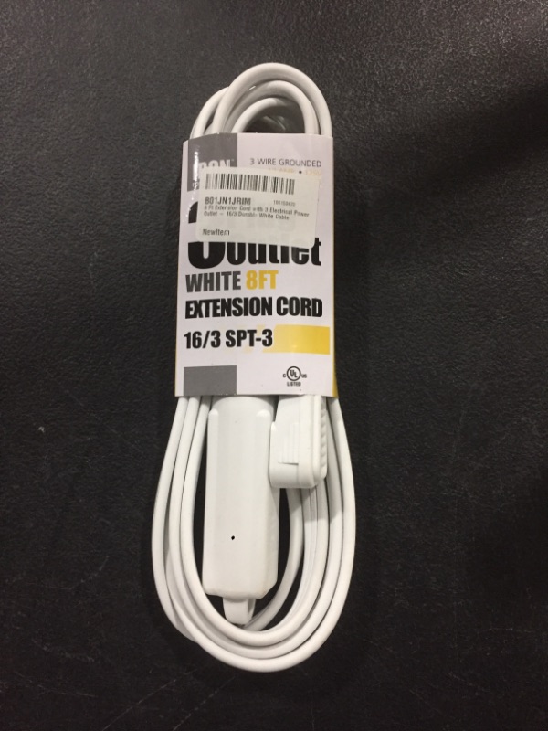 Photo 2 of 8 Ft Extension Cord with 3 Electrical Power Outlet - 16/3 Durable White Cable
