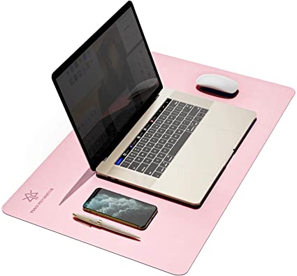 Photo 1 of Leather Desk Pad, Non-Slip Office Desk Pad Protector, Easy Clean Waterproof Desk Blotter, Non-Sticky Laptop Desk Writing Mat Mouse Pad (Pink, 23.6" x 13.7")
