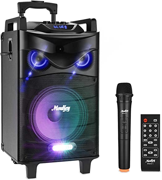 Photo 1 of Moukey Karaoke Machine Speaker, Bluetooth Outdoor Portable Wireless Speaker PA System with 10" Subwoofer, Microphone, DJ Lights, Rechargeable Battery, Recording, MP3/USB/TF/FM (RMS 140W to 520W Peak)
