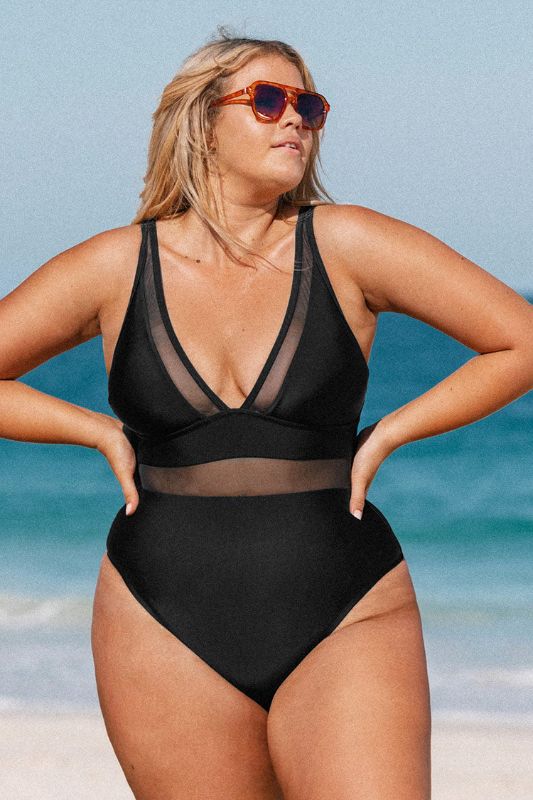 Photo 1 of 
Omniscient Solid Mesh Panel Plus Size One Piece Swimsuit 1X