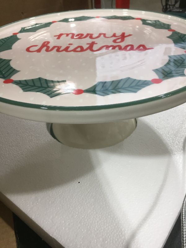 Photo 3 of Creative Co-Op Merry Christmas & Holly Stoneware Cake Pedestal, Multicolor
