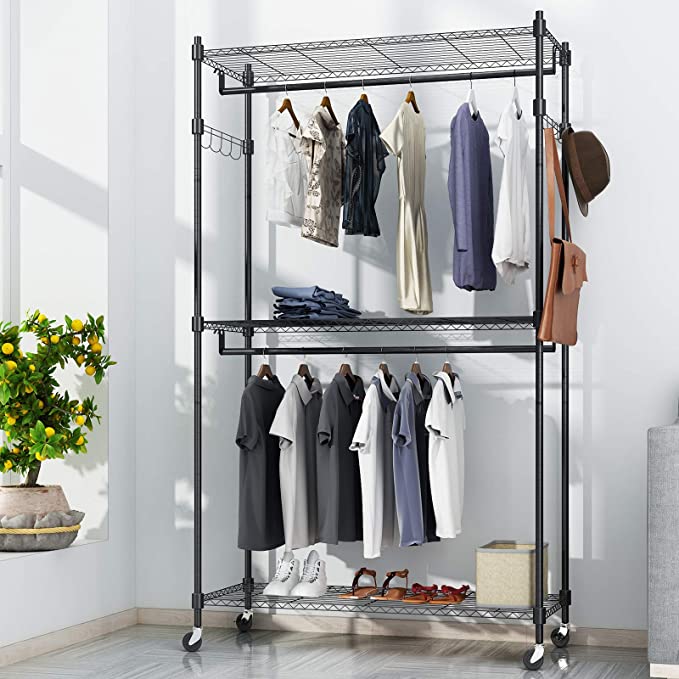 Photo 1 of BATHWA 3-Tier Garment Rack Coat Rack Heavy Duty Wire Shelving Rolling Clothing Rack Large Wardrobe Closet Storage with Lockable Wheels (2 Hanging Rods and 2 Side Hooks, Black)
