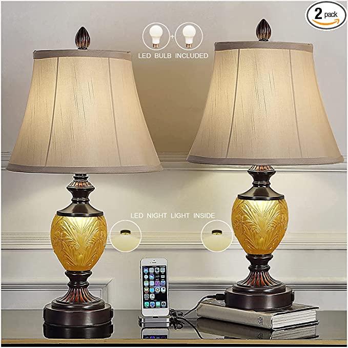 Photo 1 of Bedside Table Lamp Set of 2 with Nightlight 2 USB Ports AC Power Outlet Dark Bronze Finish Soft Bell Shade Decor for Bedroom Living Room Reading Houses Home Office
