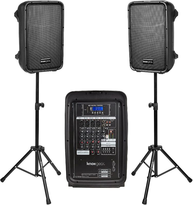 Photo 1 of Knox Dual Speaker and Mixer Set–Portable 8” 300 Watt DJ PA System with Wired Microphone & Tripod Stands, 8 Channel Amplifier, Bluetooth, USB, SD, 1/4” Line RCA, XLR Inputs, Ideal for a Party or Event