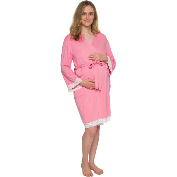 Photo 1 of Maternity Kimono Robe w/ Lace Trim - Lightweight Labor and Delivery Nursing Bathrobe for Moms - Silver Lilly (Dusty Pink, Large / X-Large)
