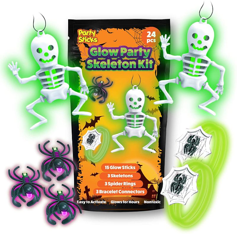 Photo 1 of PartySticks Glow Party Skeleton Kit Party Favors for Kids - 24pk Glow in The Dark Party Decorations with 15 Glow Sticks, 3 Skeletons, 3 Spider Rings, and 3 Glow Bracelet Connectors
