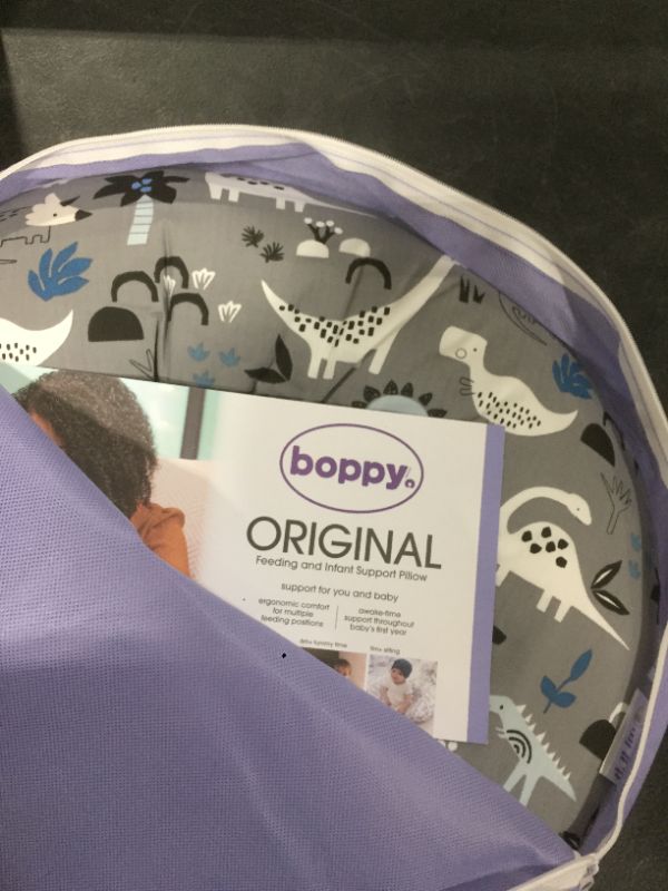 Photo 2 of Boppy Nursing Pillow and Positioner—Original | Gray Dinosaurs with White, Black and Blue | Breastfeeding, Bottle Feeding, Baby Support | With Removable Cotton Blend Cover | Awake-Time Support
