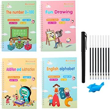 Photo 1 of VLOJELRY 4Pcs Practice Copybook for Kids - The Print Handwriting Workbook - Reusable Handwriting Book - Alphabet Number Math Drawing Groove Copybook Set 