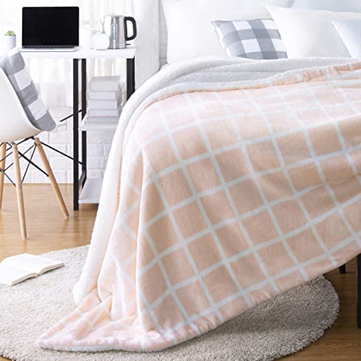 Photo 1 of Amazon Basics Ultra-Soft Micromink Sherpa Blanket - Throw, Blush Grid
