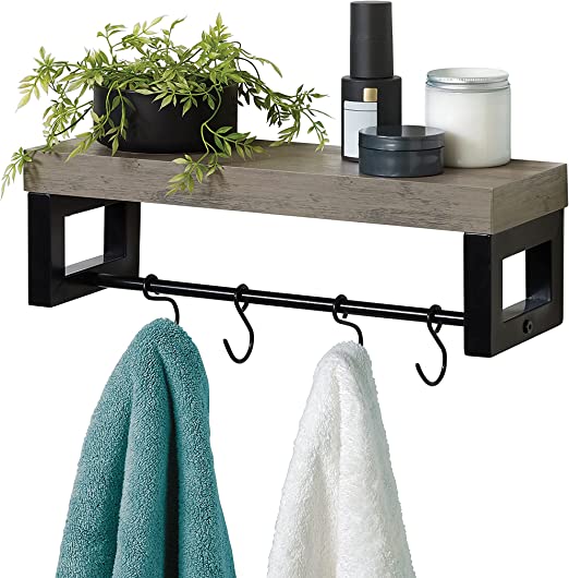 Photo 1 of Zenna Home Wall Shelf with Towel Bar and Hooks, Distressed Gray, Matte Black and Driftwood
