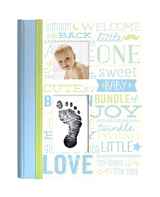 Photo 1 of Little Blossoms by Pearhead Vintage Wordplay Baby Five Year Memory Book with an Included Clean-Touch Ink Pad to Create Baby's Handprint or Footprint, Blue
