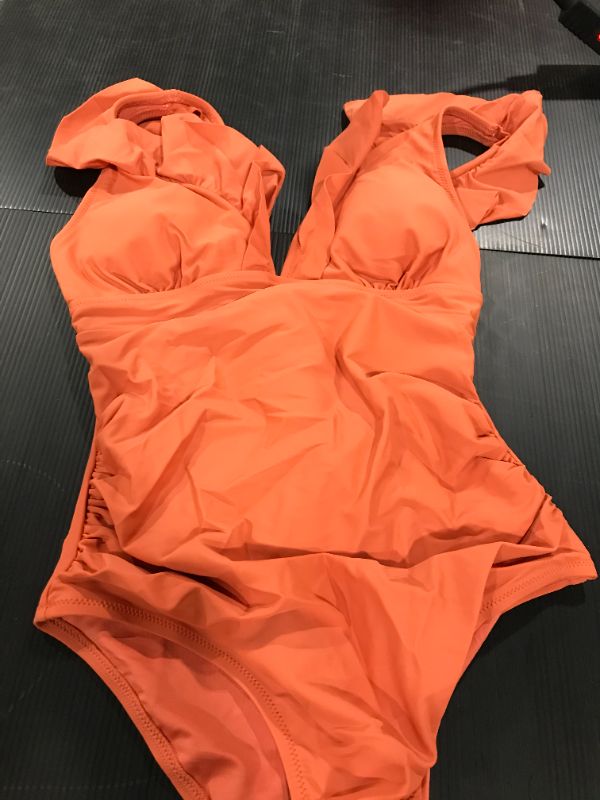 Photo 2 of Blake Orange V-Neck Ruffle Lace Up One Piece Swimsuit