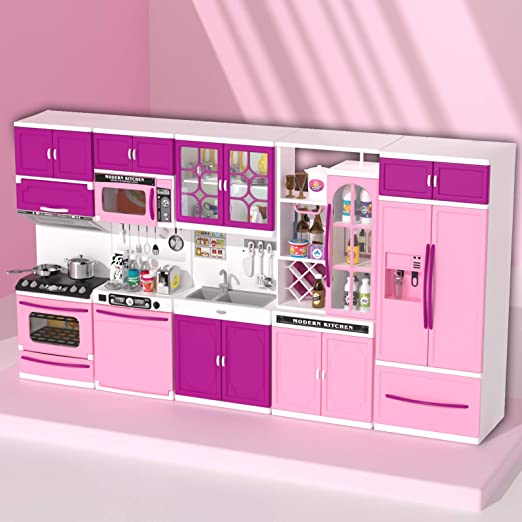 Photo 1 of TEMI Kitchen Playset 56 PCS Kitchen Set for Kids Girls Pink Kitchen Play Set Accessories 5-in-1 Mini Kitchen with Lights & Sounds, Perfect for 11-12" Dolls