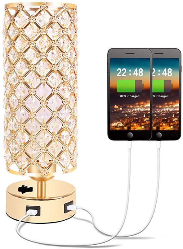 Photo 1 of Crystal Table Lamp, Gold Table Lamp with Dual USB Charging Ports, Bedside Light Metal Base Stylish, Modern Lamp with Crystal Lamp Shade, Nightstand Light for Bedroom Living Room Entryway Office