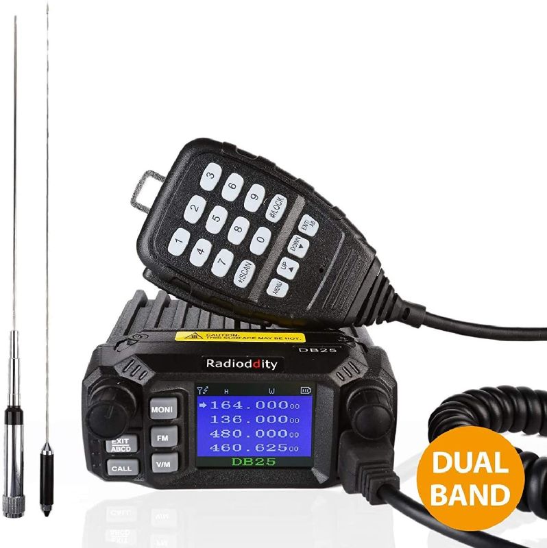 Photo 1 of Radioddity DB25 Pro Dual Band Quad-Standby Mini Mobile Car Truck Radio, 4 Color Display, 25W Vehicle Transceiver with Cable + High Gain Quad Band Antenna