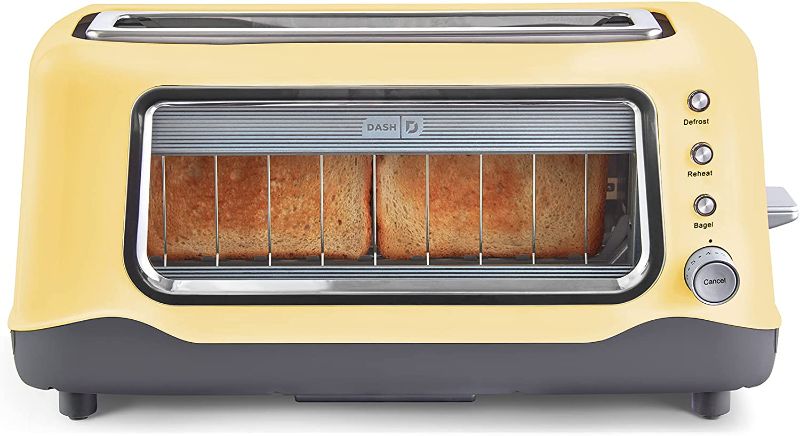 Photo 1 of Dash Clear View Extra Wide Slot Toaster with Stainless Steel Accents + See Through Window-Defrost, Reheat + Auto Shut Off Feature for Bagels, Specialty Breads & other Baked Goods, Yellow
