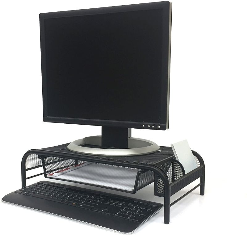 Photo 1 of Mind Reader MESHMONSTA-BLK Metal Mesh Monitor Stand and Desk Organizer with Drawer, Black
