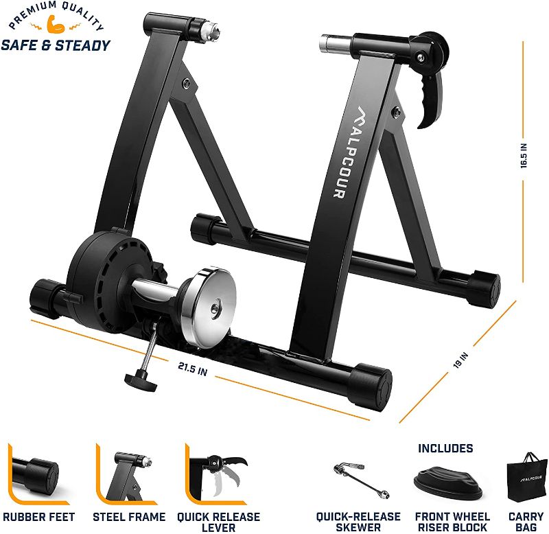 Photo 1 of Alpcour Bike Trainer Stand for Indoor Riding – Portable Stainless Steel Indoor Trainer w/Magnetic Flywheel, Noise Reduction, 6 Resistance Settings & Bag – Stationary Exercise for Road & Mountain Bikes
