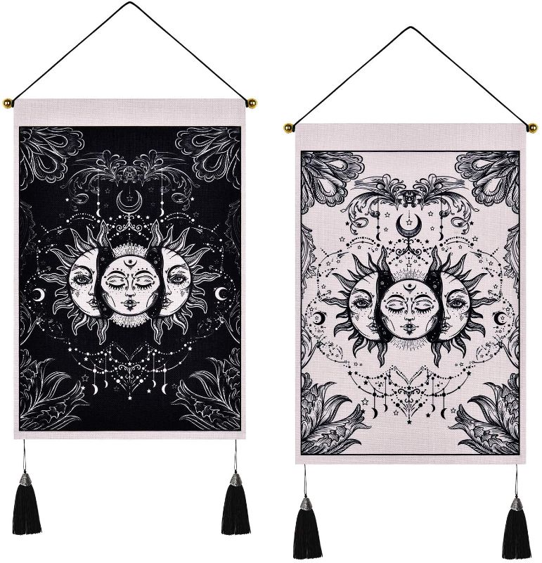 Photo 1 of 3-2pack of tapestries 14"x20 "Sun and Moon Tapestry Burning Sun with Star Tapestry Black and White Psychedelic Tapestry with Tassel for Room