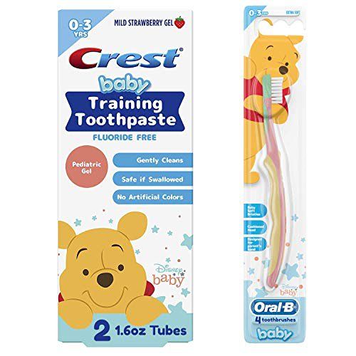 Photo 1 of Crest & Oral-B Baby Toothbrush and Toothpaste Training Kit for Infant and Toddler Age 0-3, Fluoride-Free, (2) Gel Toothpastes 1.6 oz ea. + (4) Toothbrushes, Disney's Winnie the Pooh
