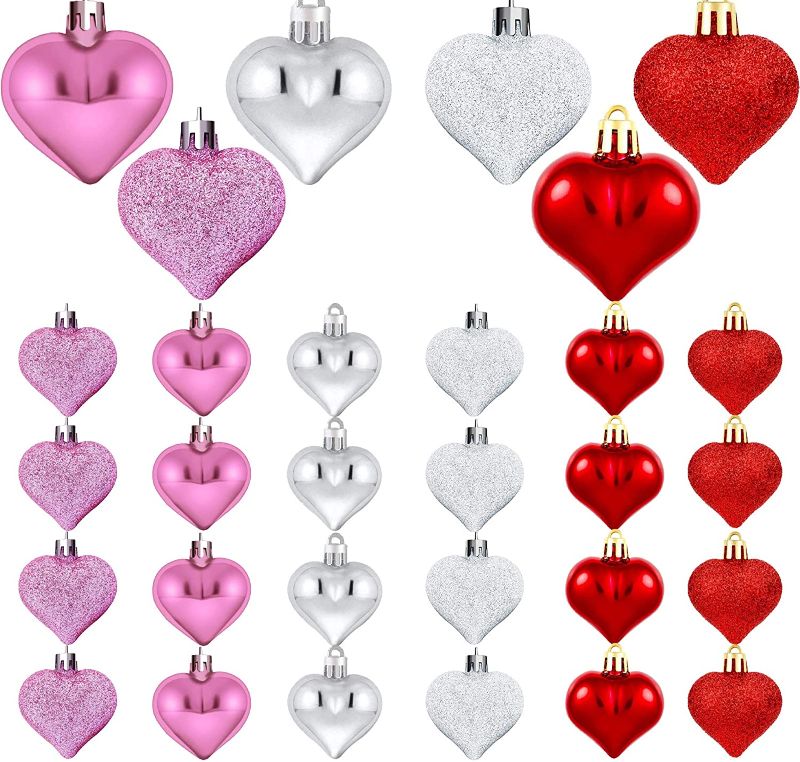 Photo 1 of [Pack of 2} Emopeak Romantic Heart Ornaments for Valentine Tree, 24 Pieces Valentine's Day Heart Baubles - 2 Styles (Glossy, Glitter) 3 Color - Hanging Decorations for Home Wedding Party
