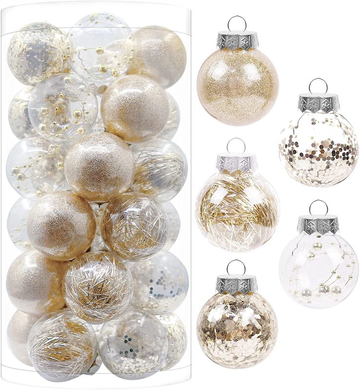 Photo 1 of Clear Plastic Christmas Ball Ornaments, Transparent, See-Through, Crystal Baubles, Bulbs with Stuffed Delicate Decorations for Xmas Tree (24 Counts, Champagne)