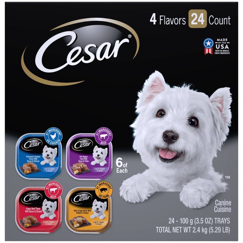 Photo 1 of CESAR Wet Dog Food Loaf in Sauce Rotisserie Chicken, Filet Mignon, Angus Beef, and Ham & Egg Flavors Variety Pack, (24) 3.5 oz. Trays [EXP 3-23]
