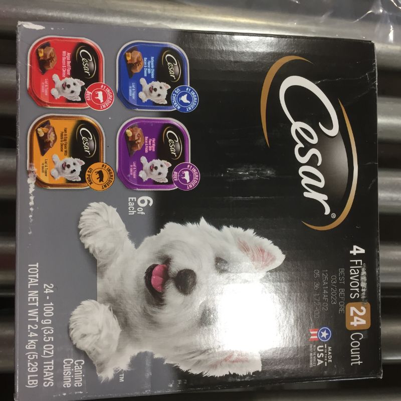 Photo 1 of CESAR Wet Dog Food Loaf in Sauce Rotisserie Chicken, Filet Mignon, Angus Beef, and Ham & Egg Flavors Variety Pack, (24) 3.5 oz. Trays [EXP 3-23]
